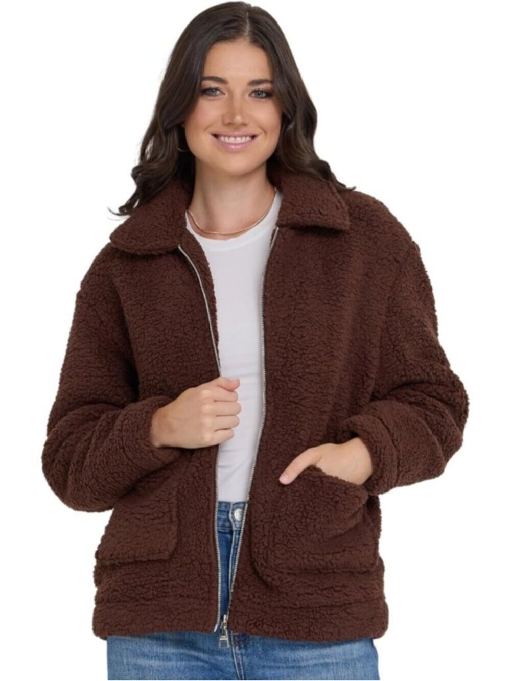 Women's Brown Oversized Faux Fur Shearling Long Sleeve Winter Sherpa Jackets